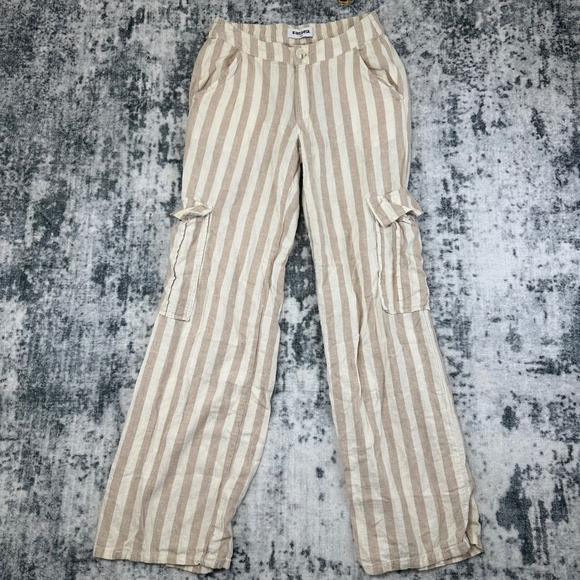 RSQ Pants - RSQ Cargo Pants Women XS Tan Striped Linen Blend Wide Leg Casual Coastal Utility